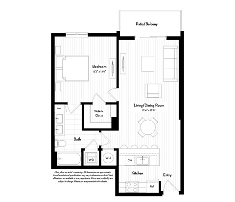 Floor plan for 1 bed, 1 bath, 740 sqft